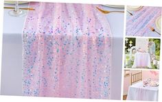 pink and blue sequin table cloths with silver confetti on the top