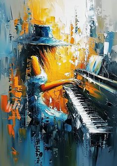 an abstract painting of a piano and music instruments in blue, orange, yellow and white colors