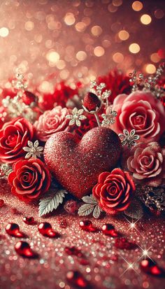 two red hearts surrounded by roses and glitter