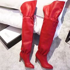 Gucci Thigh High Boot -Red Leather -Over The Knee -Includes Box And Dust Bag -Authentic **Gently Worn. Great Condition. Faint Wear To Soles Cu Boots Ideas, Shoes Gucci, Gucci Shoes, Thigh High Boots, Global Fashion, Thigh High, Over The Knee Boots, Thigh Highs, Over The Knee