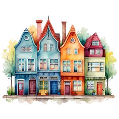 watercolor houses are painted in different colors