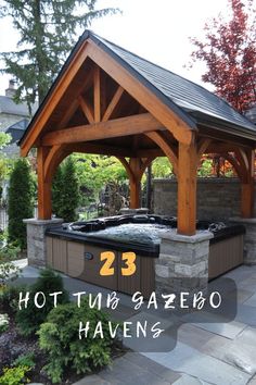 Create your backyard paradise! Click to explore 23 hot tub gazebo ideas that combine relaxation with breathtaking design. 🌿💧 #BackyardParadise #GazeboIdeas #HotTubLife #OutdoorDesign #RelaxationSpot Out Door Hot Tub, Covered Hot Tub Area, Hot Tub Bar Ideas Backyard, Hot Tub Backyard Landscape, Hot Tub Landscape Ideas, Covered Hot Tub Ideas Backyard, Hot Tub And Fire Pit Patio, Diy Hot Tub Surround, Recessed Hot Tub