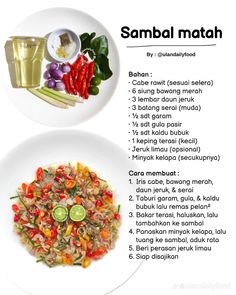 two plates with different types of food on top of each other and the words sambal mata written below