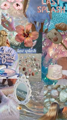 a collage of images with flowers and seashells