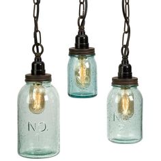 three mason jar lights hanging from chains with no 2 and no 3 written on them