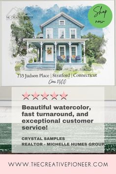 an advertisement for a watercolor painting company with the words beautiful watercolor, fast turnaround and exceptional customer service