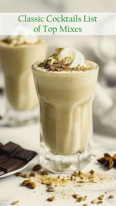 two glasses filled with ice cream and topped with whipped cream, chocolate bars and star anise