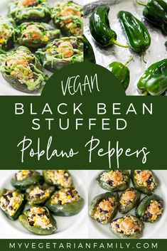 vegan black bean stuffed poblano peppers on a white plate with text overlay