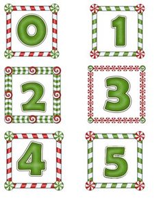 christmas themed numbers and candy canes are displayed in green, red and white frames