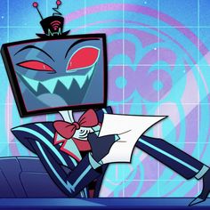 a cartoon character holding a piece of paper in front of a tv with an evil face on it