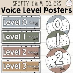 a set of three different color and number labels with the words voice level posters on them