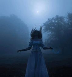 a woman in a blue dress is standing in the fog with her arms outstretched out