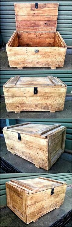 three different views of a wooden box with the lid open and two drawers closed, one is