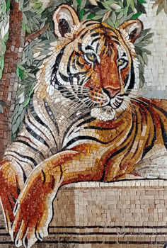 a close up of a mosaic with a tiger on it