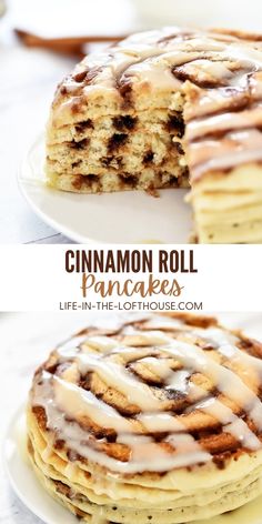 cinnamon roll pancakes with icing on white plates