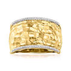 Ross-Simons - .10 ct. t. w. Diamond Hammered Ring in 18kt Gold Over Sterling. Size 5. An RS exclusive. This perfect-for-anytime ring is essential in your line-up of go-to accessories! Finely crafted in hammered and polished 18kt yellow gold over sterling silver, the 1/2" wide band features .10 ct. t. w. diamond rounds sparkling along the top and bottom borders. Diamond hammered ring. Diamond birthstones are the perfect gift for April birthdays. Multi Gemstone Ring, Hammered Ring, Diamond Birthstone, Fire Opal Ring, Gold Statement Ring, Hammered Rings, Ladies Diamond Rings, Diamond Rings Bands, Timeless Jewelry