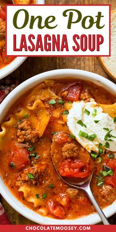 one pot lasagna soup in a white bowl with a spoon on the side