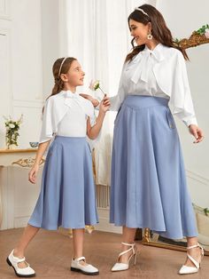 Mother Daughter Matching Outfits, Girls Fall Outfits, Embroidery Neck Designs, High Waist Skirt, African Attire, Neck Ruffle, Tie Neck