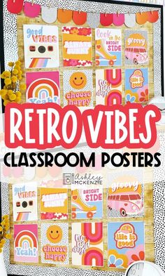 retro vibe classroom poster display with the words retro vibes on it and an assortment of pictures