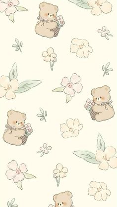 a teddy bear with flowers and leaves on it's back ground, in front of a white background