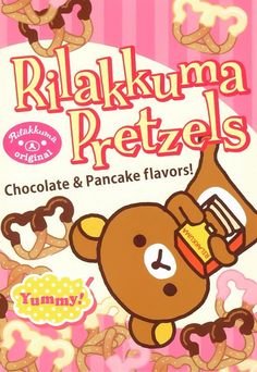 an advertisement for chocolate and pancake flavored treats with a teddy bear on it