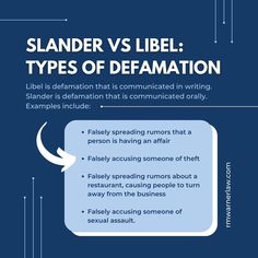 Defamation 101 🔍: there’s a difference between libel and slander! They are both types of defamation, but libel refers to written or published statements, while slander covers spoken words. Both can cause severe reputational damage— but we’re here to help protect yours. 🛡️ Want to know if you have a case? Click the link in our bio 🔗 to schedule a consultation today! #KnowYourRights #DefamationHelp Spreading Rumors, Spoken Words, Having An Affair, Click The Link, Turn Ons