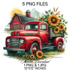 an old red truck with sunflowers in the bed and barn on the back