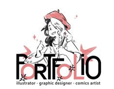 the logo for an artist's studio with a woman in a red hat on her phone