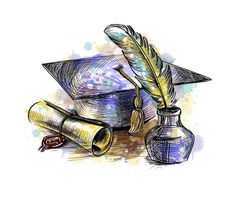 an ink drawing of a graduation cap and diploma with a feather quill on it