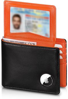 Airtag Wallet - Top Grain Leather Bifold Mens Wallet with Airtag Holder Orange Leather Bifold Wallet, Black Bifold Wallet With Id Window, Black Leather Trifold Wallet With Id Window, App Log, Surf Gear, Rfid Blocking Wallet, Surf Accessories, Wallet For Men, Rfid Wallet