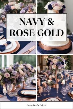 navy and rose gold wedding table setting with blue napkins, white plates and purple flowers