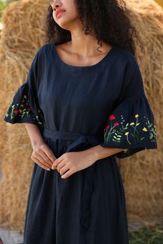 Colors & hand-embroidered patterns can be CUSTOMIZED or DESIGNED entirely to your specifications. It can be ANYTHING!  -------- With exquisite hand-embroidered flowers on sleeves, our linen dress MIRA becomes extremely stunning, the ideal choice for any event. Handmade in our studio to your specific measurements and preferences, with a variety of color possibilities. ✓DETAILS - Unique: Completely hand-embroidered, with dedication, ingenuity and creativity, creating harmony and sophistication, di Luxury Fitted Cotton Embroidered Dress, Cheap Embroidered Hem Dress For Summer, Summer Wedding Maxi Dress With Resham Embroidery, Summer Wedding Dress With Embroidered Sleeves, Fitted Resham Embroidered Maxi Dress For Summer, Floor-length Embroidered Dress For Garden Party, Embroidered Floor-length Dress For Garden Party, Floor-length Floral Embroidery Maxi Dress For Garden Party, Floral Embroidered Floor-length Maxi Dress For Garden Party