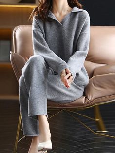 Solid Color Long Sleeves Loose Polo Sweater Top   Pants Bottom Two Pieces Set Polo Tracksuit, Cashmere Suit, Outfit Elegantes, Elegant Sweater, Casual Wide Leg Pants, Tracksuit Set, Collar Sweater, Ankle Length Pants, Sweater Set