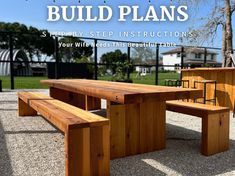 a wooden table and benches with the words build plans written on it in front of them