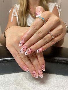 red polka dot white french tips almond shape medium nails fall aesthetic valentines day nail inspo Pokadot Nails Christmas, Dots And Stripes Nails, Red And Green Polka Dot Nails, Red And White Polka Dot Nails, Polka Dot Christmas Nails, Red Christmas French Tip Nails, Christmas Polka Dot Nails, Dot Nails Designs, Red Dot Nails