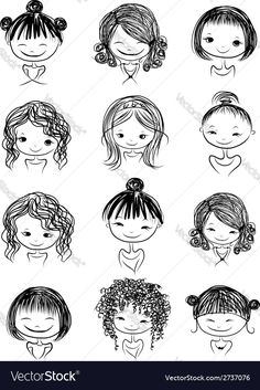 hand drawn girls faces with different hair styles