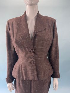 This is a Lilli Ann suite dress set. The set comes with a asymmetric silhouette blazer and a fitting pencil skirt. The beautiful silk worsted wool brown fabric is a perfect balance of vintage office wear and sophistication. Suite Dress, Brown Two Piece, Lilli Ann, Vintage Office, Wool Skirt, Brown Fabric, Silk Wool, 1950s Fashion, Dress Set