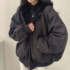 Reversible Faux Fur Hooded Baggy Jacket - Vedlit Oversized Hooded Coat, Cute Coats, Parka Women, Korean Fashion Casual, Winter Outfits Men, Cotton Coat, Moda Vintage, Solid Clothes, 가을 패션