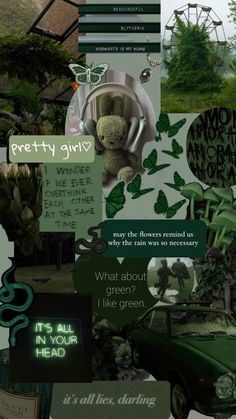 a collage with green images and words on it's side, including an image of a teddy bear in a car