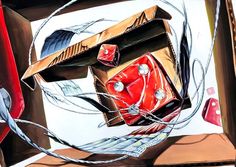 a painting of a red car in a cardboard box with wires coming out of it