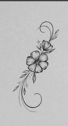 a black and white drawing of flowers with swirls on the bottom half of it