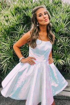 A-line Shiny White Sequins Short Homecoming Dress – Modsele Flora Dress, Wedding Dresses With Flowers, Wedding Flower Girl Dresses, Prom Dresses Modest, Short Homecoming Dress, Plus Size Prom Dresses, Glitter Dress, Dress Spaghetti, Hoco Dresses