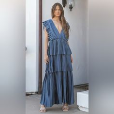 Strut And Bolt, Deep Blue, Silky Pleated Tiered Layer Ruffle, Tie Back, Deep V Neck Dress, Elastic Stretchy Waist Size Medium Blue V-neck Tiered Dress With Ruffle Hem, Blue Tiered Maxi Dress With Ruffled Skirt, Chic Blue Tiered Skirt Dress, Chic Blue V-neck Ruffle Dress, Blue Ruffled Tiered Midi Dress, Blue Tiered Skirt Maxi Dress For Spring, Blue V-neck Ruffle Dress For Summer, Chic Blue Tiered Dress With Ruffle Hem, Chic Blue Tiered Dress For Day Out