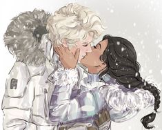 two people are kissing in the snow with one person wearing a white coat and holding his head