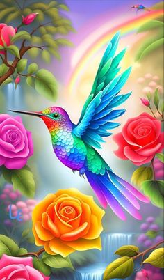 a painting of a hummingbird in flight with roses and rainbows behind it on a blue sky background