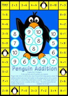 a penguin addition game with numbers and penguins on it's back ground, as well as the number line