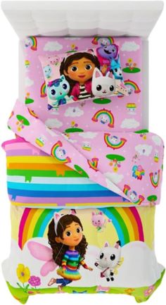 a bed set with dora the girl and her friends on it, all in pink