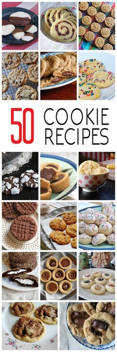 the cover of 50 cookie recipes with pictures of different cookies and desserts on it