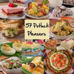 a collage of pictures with different types of food on plates and in serving dishes