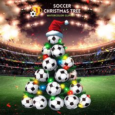 a christmas tree made out of soccer balls with santa's hat on top and fireworks in the background